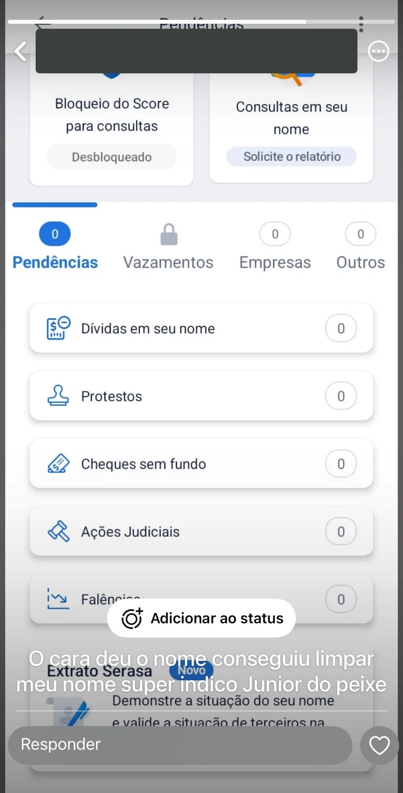 Story de cliente recomendando o atendimento, com tela do app Serasa