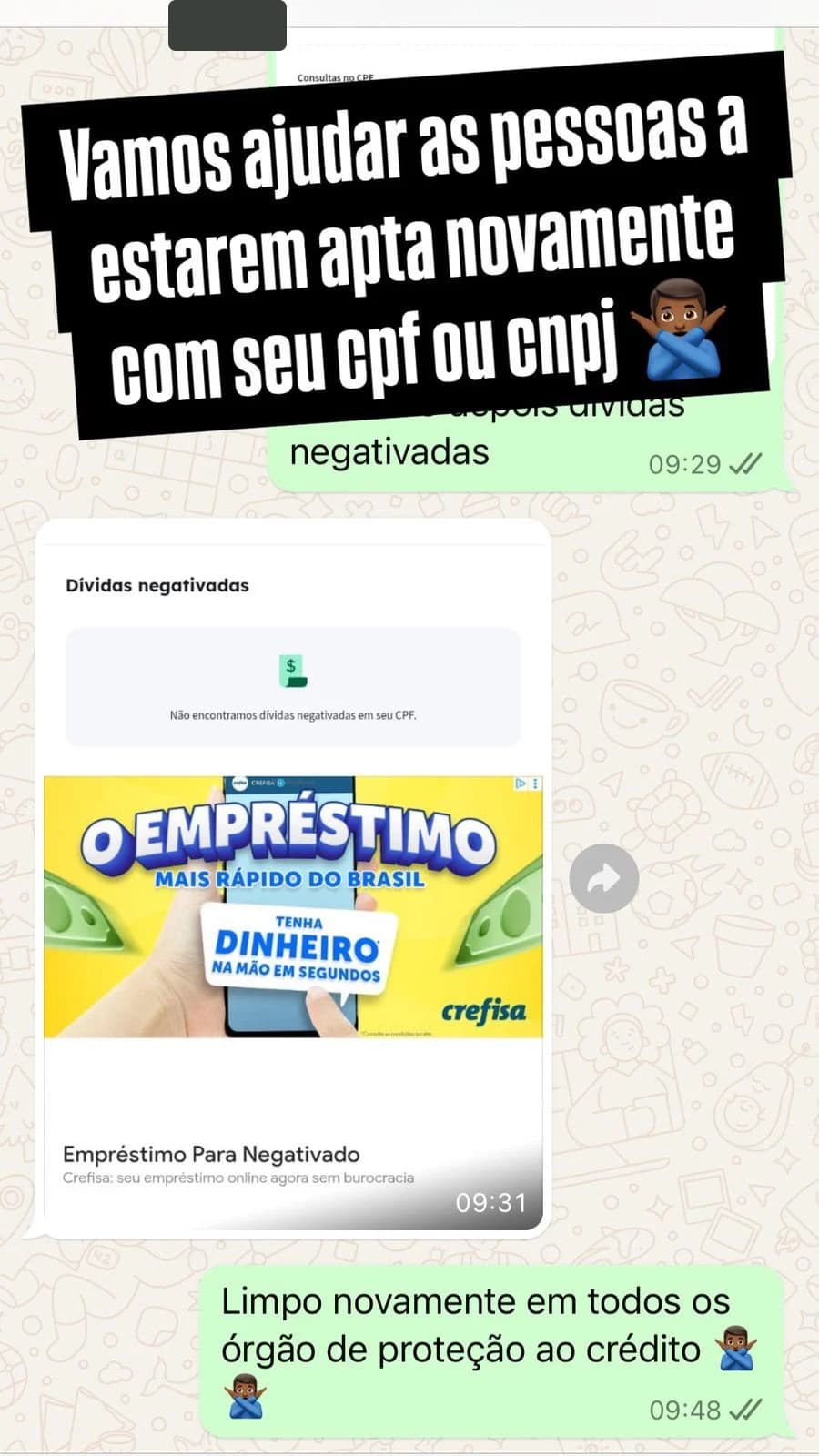 Conversa com tela de consulta sem dívidas negativadas no CPF